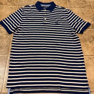 Chaps Mens Small Striped Polo Shirt Navy Blue White Yellow Cotton Short Sleeve